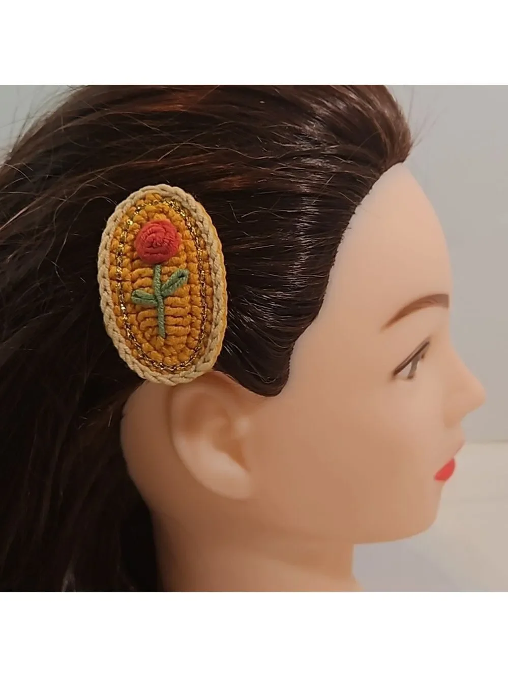 Hand Crafted Hand Knit Crochet  Hair Clip Red Rose embroidered Snap Clip 2.5